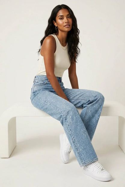 Women's High-Waist Wide-Leg Glitter Denim Jeans | Sparkly Relaxed Fit Blue Jeans | Steven & Levon