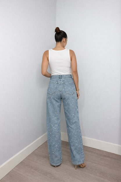 Women's High-Waist Wide-Leg Glitter Denim Jeans | Sparkly Relaxed Fit Blue Jeans | Steven & Levon