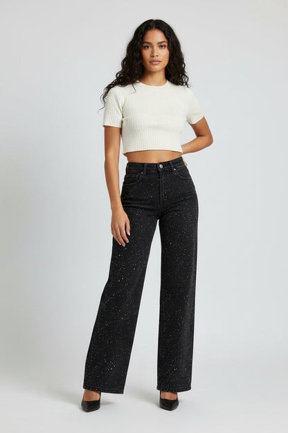 Women's High-Waist Wide-Leg Glitter Denim Jeans | Sparkly Relaxed Fit Blue Jeans | Steven & Levon