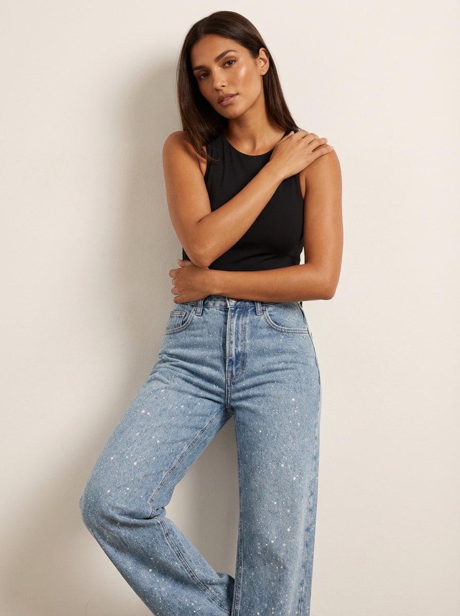 Women's High-Waist Wide-Leg Glitter Denim Jeans | Sparkly Relaxed Fit Blue Jeans | Steven & Levon