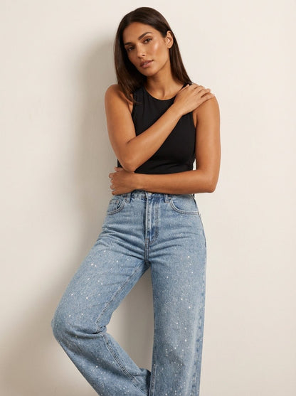 Women's High-Waist Wide-Leg Glitter Denim Jeans | Sparkly Relaxed Fit Blue Jeans | Steven & Levon