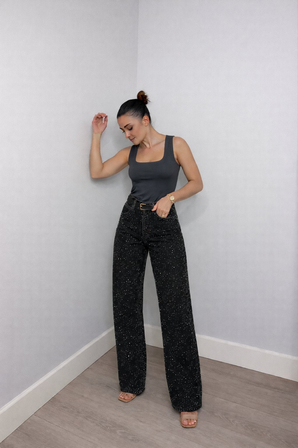 Women's High-Waist Wide-Leg Glitter Denim Jeans | Sparkly Relaxed Fit Blue Jeans | Steven & Levon