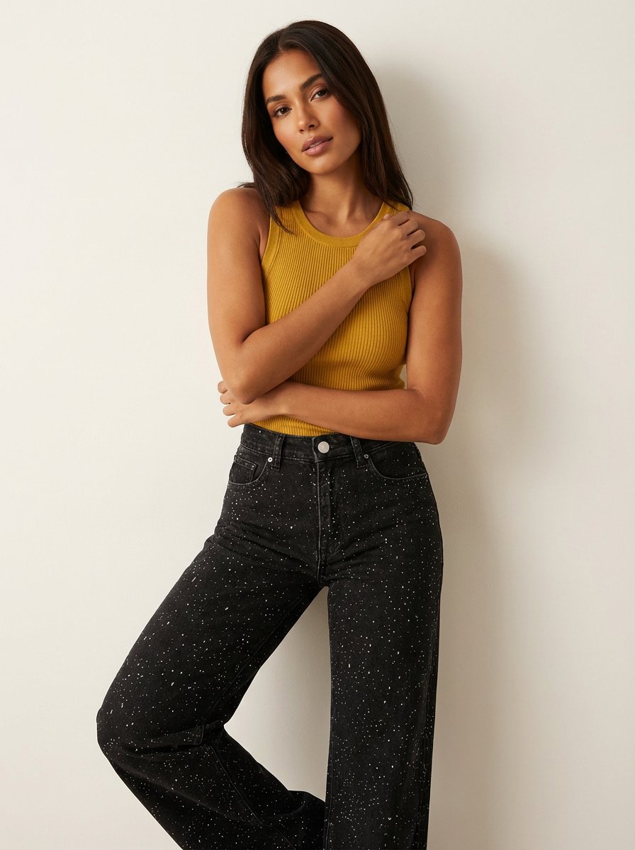 Women's High-Waist Wide-Leg Glitter Denim Jeans | Sparkly Relaxed Fit Blue Jeans | Steven & Levon