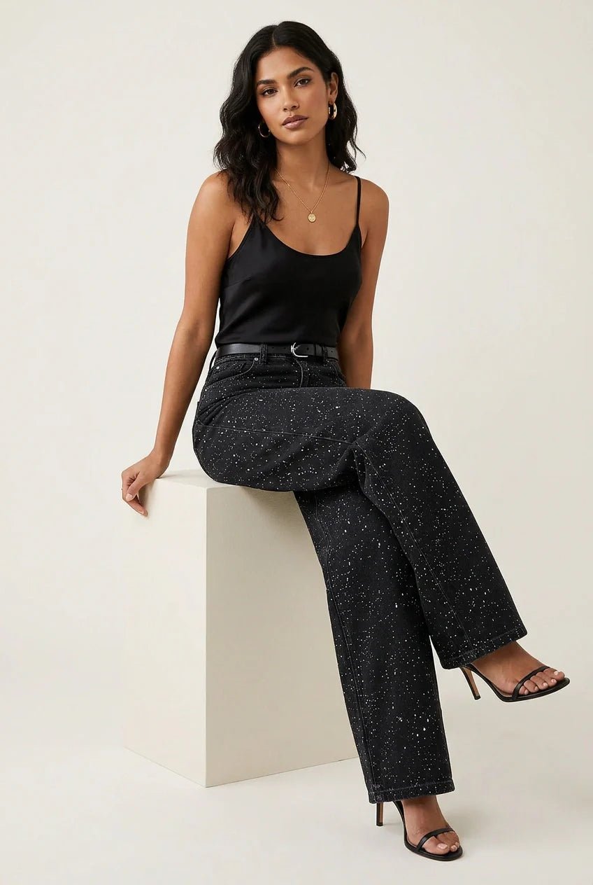 Women's High-Waist Wide-Leg Glitter Denim Jeans | Sparkly Relaxed Fit Blue Jeans | Steven & Levon