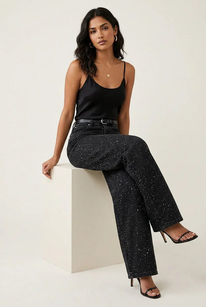 Women's High-Waist Wide-Leg Glitter Denim Jeans | Sparkly Relaxed Fit Blue Jeans | Steven & Levon