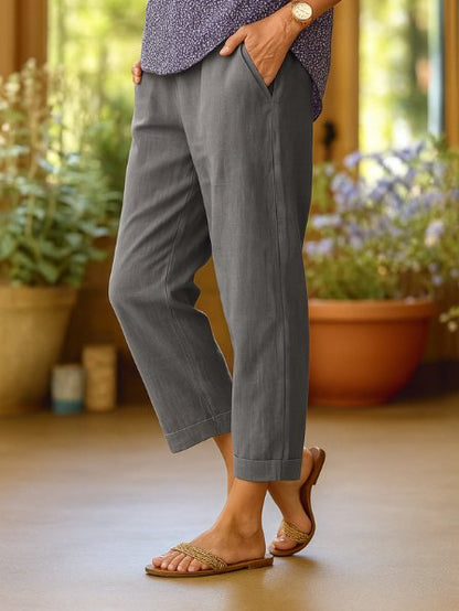 Linen Tapered Cropped Trousers | Women | Cuffed Hem | Lightweight Casual Pants | Steven & Levon