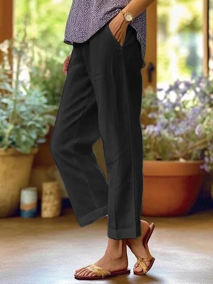 Linen Tapered Cropped Trousers | Women | Cuffed Hem | Lightweight Casual Pants | Steven & Levon