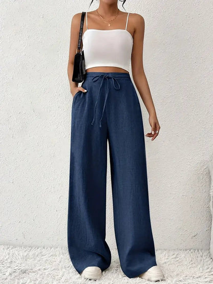 Women's Linen Wide-Leg Trousers | High-Waisted Drawstring Breathable Casual Pants | Steven & Levon