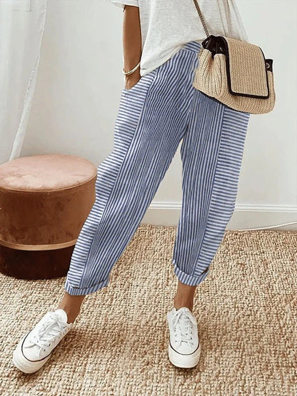Relaxed Fit Striped Linen Trousers | Women | Breathable Wide-Leg Casual Pants | Steven & Levon