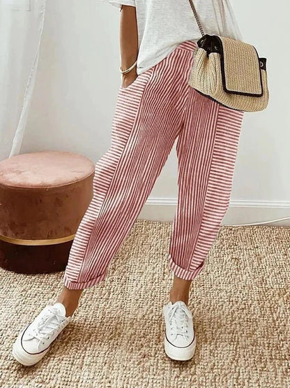 Relaxed Fit Striped Linen Trousers | Women | Breathable Wide-Leg Casual Pants | Steven & Levon