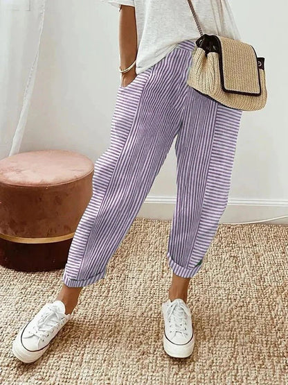 Relaxed Fit Striped Linen Trousers | Women | Breathable Wide-Leg Casual Pants | Steven & Levon