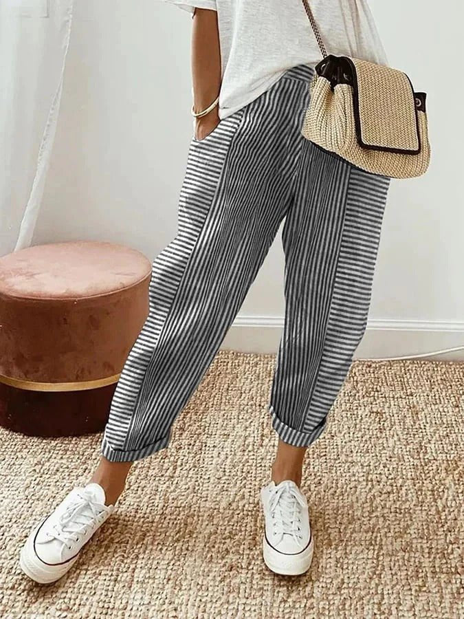 Relaxed Fit Striped Linen Trousers | Women | Breathable Wide-Leg Casual Pants | Steven & Levon