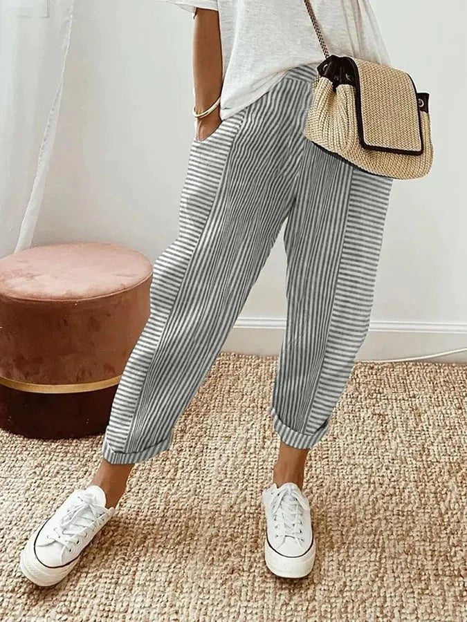 Relaxed Fit Striped Linen Trousers | Women | Breathable Wide-Leg Casual Pants | Steven & Levon