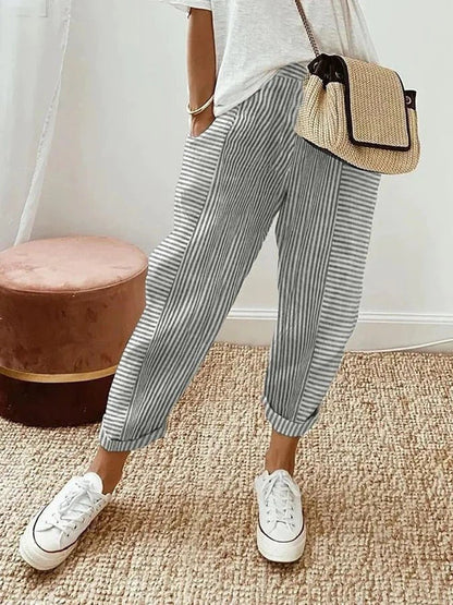 Relaxed Fit Striped Linen Trousers | Women | Breathable Wide-Leg Casual Pants | Steven & Levon