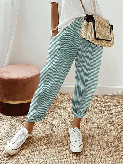 Relaxed Fit Striped Linen Trousers | Women | Breathable Wide-Leg Casual Pants | Steven & Levon