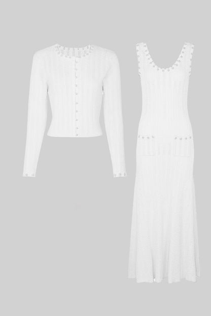 Ribbed Knit Dress & Cardigan Set | Women | Pearl Buttons | White | Steven & Levon