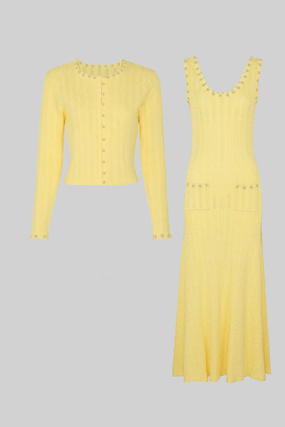 Ribbed Knit Dress & Cardigan Set | Women | Pearl Buttons | Yellow | Steven & Levon